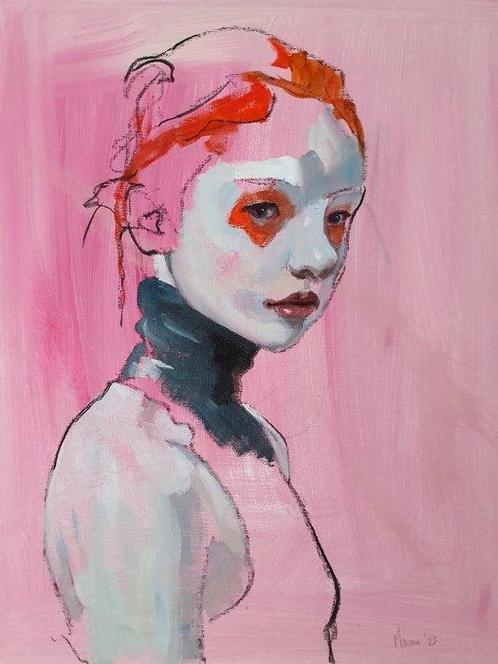 Manu De Mey - Girl on Pink Background, Antiquités & Art, Art | Peinture | Moderne