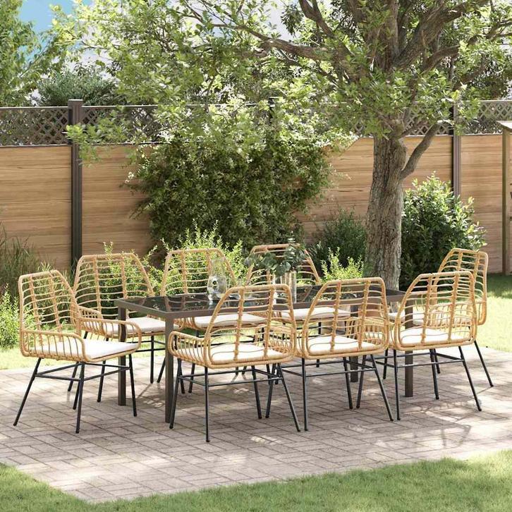 vidaXL Tuin Eettafel Set 9 pcs Bruin poly rattan, Tuin en Terras, Tuinsets en Loungesets, Nieuw, Verzenden