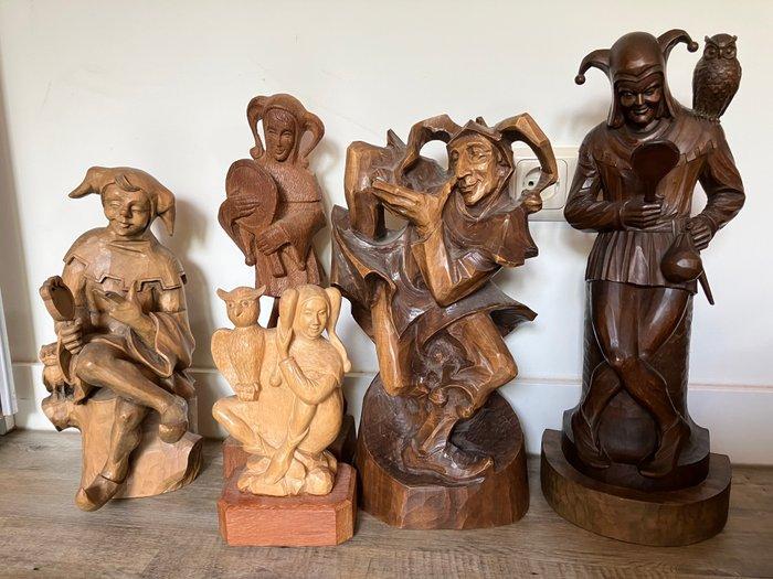 Figurine - Set van 5 handgesneden houten narrenbeeldjes –, Antiek en Kunst, Antiek | Keramiek en Aardewerk