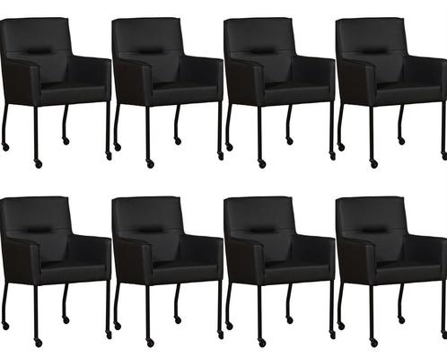 Set van 8 Zwarte leren moderne eetkamerstoelen - Hermes Leer, Huis en Inrichting, Stoelen, Overige kleuren, Vijf, Zes of meer stoelen