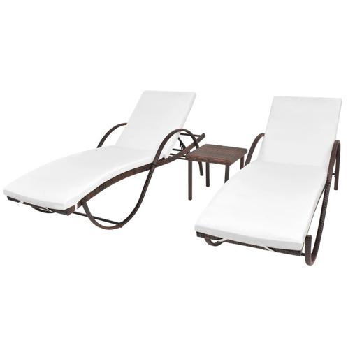 vidaXL Ligbedden 2 st met tafel poly rattan bruin, Jardin & Terrasse, Chaises longues, Envoi