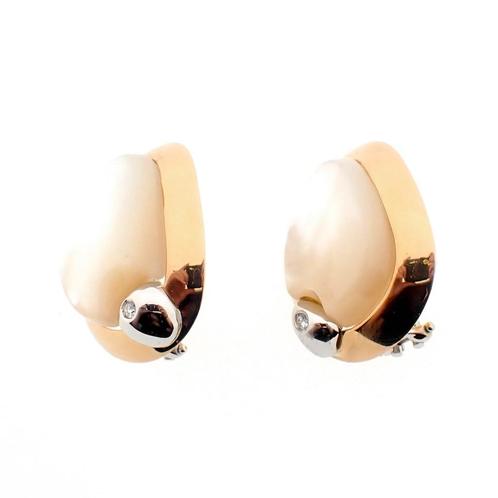 18 Krt. Bicolor oorbellen met parelmoer en diamant 0,04 c..., Handtassen en Accessoires, Oorbellen, Overige kleuren, Gebruikt