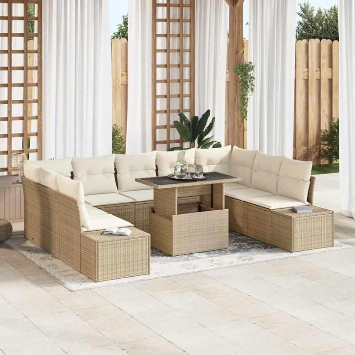 vidaXL Tuinbank Set met opslag 10 pcs Beige Poly rattan, Tuin en Terras, Tuinsets en Loungesets, Nieuw, Verzenden