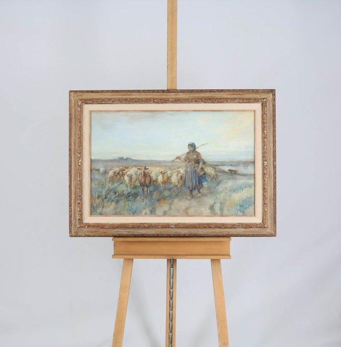 Willem Hendrik van der Nat (1864–1929) - Herderin op de hei, Antiquités & Art, Art | Peinture | Classique