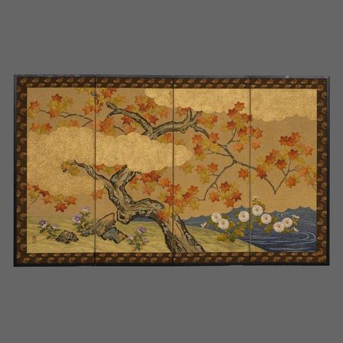 Paravent avec broderie japonaise en fil de soie japonaise, Antiek en Kunst, Antiek | Overige Antiek