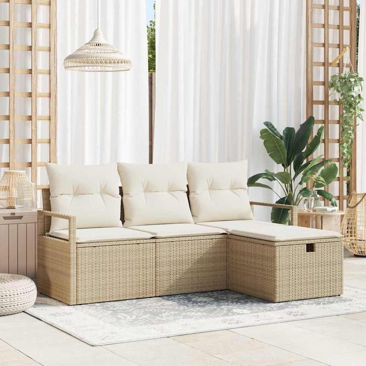 vidaXL Bankstel met kussen met opslag 4 pcs Beige en Crème, Jardin & Terrasse, Ensembles de jardin, Envoi