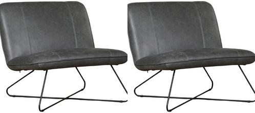 Set van 2 Donkergrijze leren industriële fauteuils zonder, Huis en Inrichting, Fauteuils, 75 tot 100 cm, Nieuw, 75 tot 100 cm