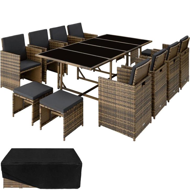 tectake Wicker zitgroep Palma 8+4+1 met beschermhoes - natuu, Tuin en Terras, Tuinsets en Loungesets, Verzenden