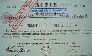 Aktie - Speelgoed Actie Jagdschlösschen Brauerei AG 600 Mark