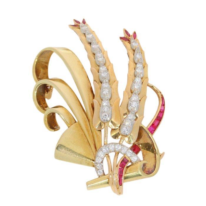 Broche - 18 karaat Geel goud - 1.00ct. tw. Diamant, Handtassen en Accessoires, Antieke sieraden