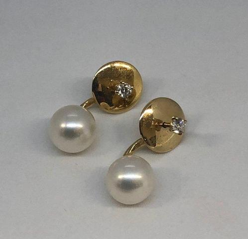 Oorbellen Zoetwaterparels - Geel Goud 18K -  0.20ct. tw., Handtassen en Accessoires, Oorbellen