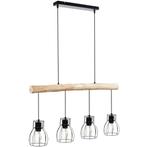 Hanglamp Woody, 4-lichts, met houten balk, 40 W - zwart/brui, Verzenden, Nieuw