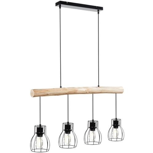 Hanglamp Woody, 4-lichts, met houten balk, 40 W - zwart/brui, Huis en Inrichting, Lampen | Hanglampen, Verzenden