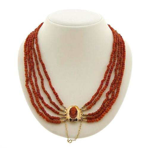 Bloedkoraal kralen collier met gouden slot; Antiek | 44 cm, Handtassen en Accessoires, Kettingen, Overige kleuren, Gebruikt, Met edelsteen