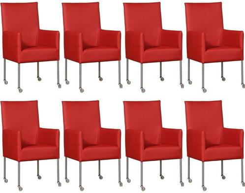 Set van 8 Rode leren moderne eetkamerstoelen - poot rond, Huis en Inrichting, Stoelen, Overige kleuren, Vijf, Zes of meer stoelen
