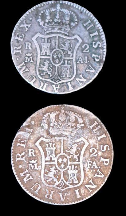 Spanje. Carlos IV. 2 Reales 1801 & 1808 Madrid (2 monedas), Postzegels en Munten, Munten | Europa | Niet-Euromunten