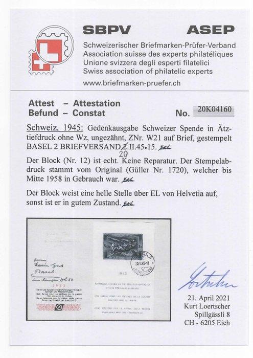 Zwitserland 1945 - FDC-blok W21, Don Suisse, cachet op de, Postzegels en Munten, Postzegels | Europa | België