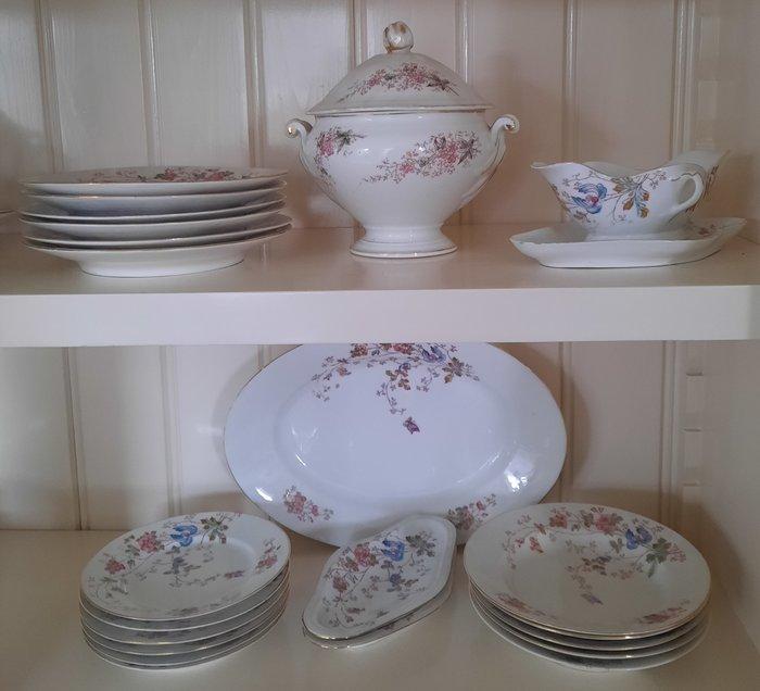 Antiek porseleinen servies met bloemen en vlinders -, Antiquités & Art, Curiosités & Brocante