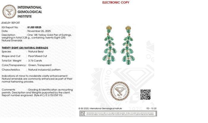Hangoorbellen - 14 karaat Geel goud - 3.76ct. tw. Smaragd -, Bijoux, Sacs & Beauté, Bijoux anciens