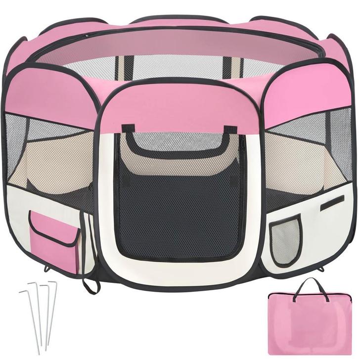 tectake Puppyren van polyester incl. draagtas - roze, Dieren en Toebehoren, Hondenhokken, Verzenden