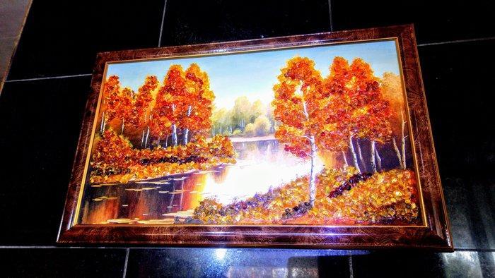 Danaë met de gouden regen - Baltisch amber mozaïekplaat -, Antiquités & Art, Curiosités & Brocante