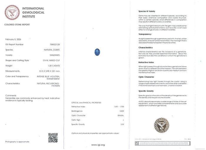 Zonder minimumprijs Tanzaniet - 1.28 ct - International, Handtassen en Accessoires, Edelstenen