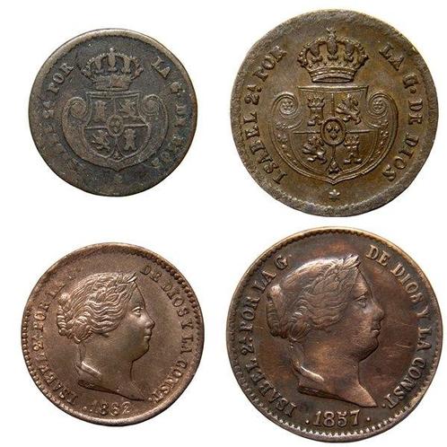 Espagne. Isabelle II. Lote de 4 Monedas de cobre acuñadas en, Postzegels en Munten, Munten | Europa | Niet-Euromunten