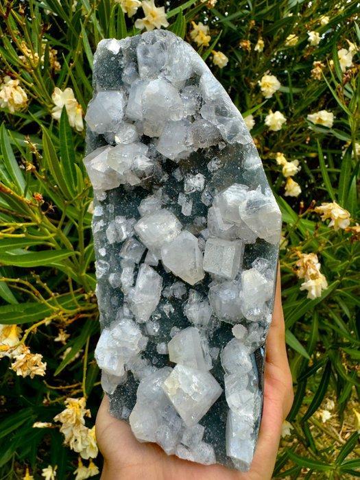 Indrukwekkende kubieke Apofylliet op Blauwe Chalcedoon, Verzamelen, Mineralen en Fossielen