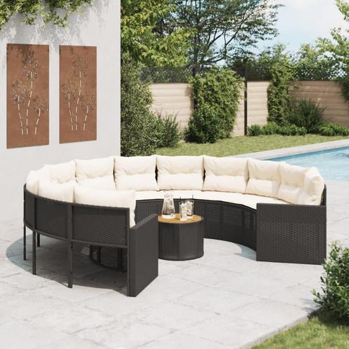 vidaXL Tuinbank met tafel en kussens rond poly rattan zwart, Jardin & Terrasse, Ensembles de jardin, Envoi