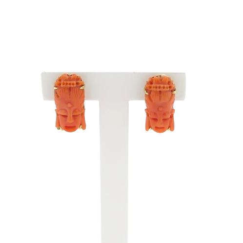 Gouden oorhangers met het gezicht van Kuan Yin in bloedko..., Handtassen en Accessoires, Oorbellen, Overige kleuren, Gebruikt