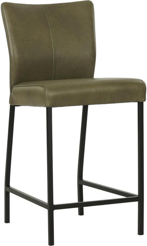 Olijfgroene leren moderne barkruk - poot vierkant zwart -, Huis en Inrichting, Barkrukken, 90 cm of meer, Met voetsteun, 1 kruk