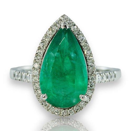 Ring Platina -  3.77ct. tw. Smaragd - Diamant - Trouwring, Handtassen en Accessoires, Ringen