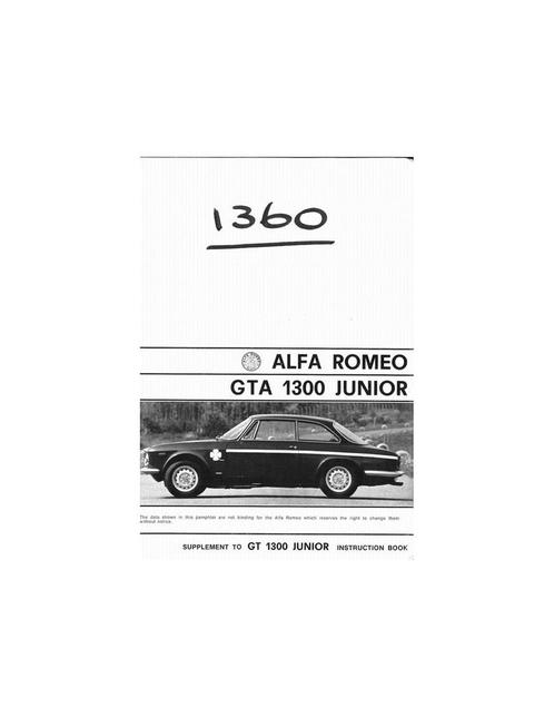 1968 ALFA ROMEO GTA 1300 JUNIOR BIJLAGE INSTRUCTIEBOEK, Autos : Divers, Modes d'emploi & Notices d'utilisation