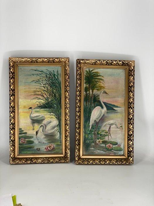 2 schilderijen op doek - Kraanvogels, Antiek en Kunst, Kunst | Designobjecten