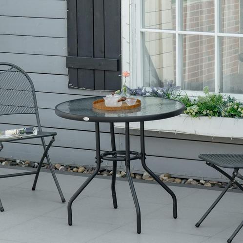 Zwarte tuintafel met glazen blad en parasolgat - Ø80 x 72 cm, Tuin en Terras, Tuinsets en Loungesets, Nieuw, Ophalen of Verzenden