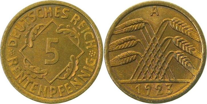 Duitsland 5 Pfennig 1923a prfr/st Erstabschlag Top J 308, Postzegels en Munten, Munten en Bankbiljetten | Toebehoren, Verzenden