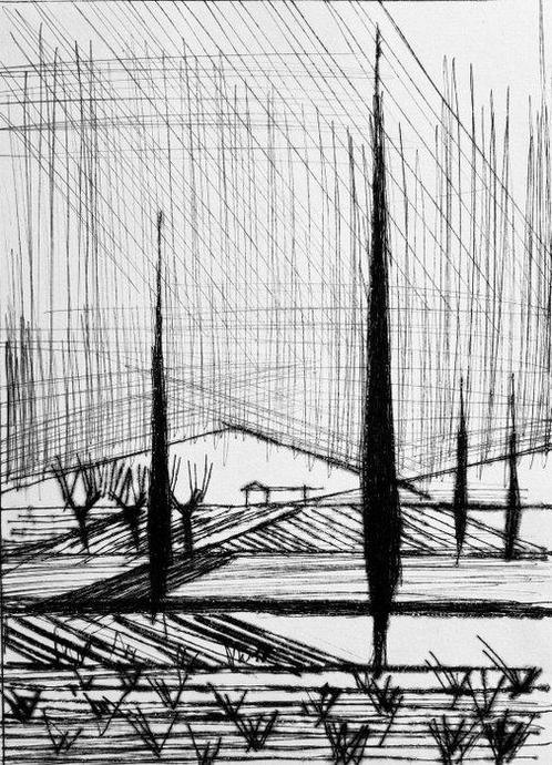Bernard Buffet (1928-1999) - Les cyprès - Pointe-sèche, Antiek en Kunst, Antiek | Overige Antiek