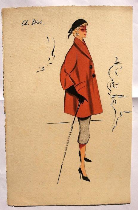 Onbekende kunstenaar - Ch. Dior - Figurino anni 50, Antiek en Kunst, Curiosa en Brocante