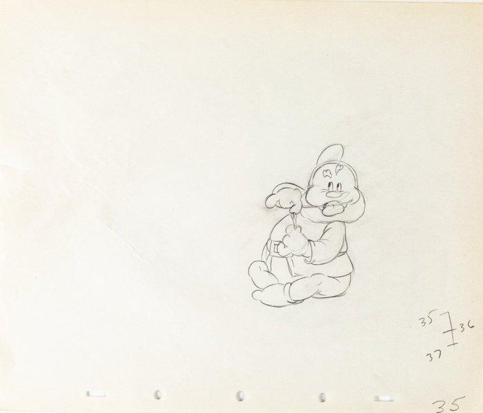 Walt Disney - Animatie tekening van Happy (1937) - Snow, Verzamelen, Disney