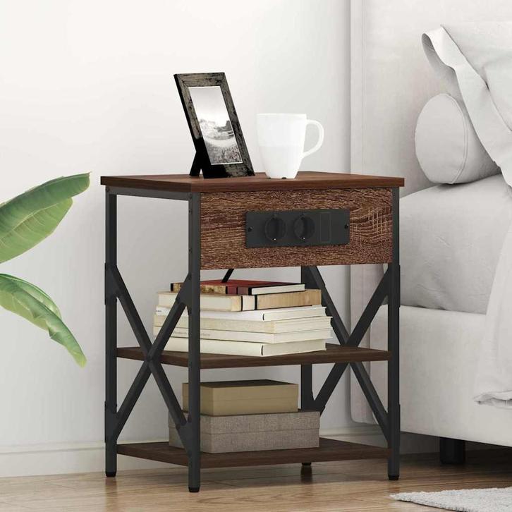 vidaXL Nachtkastje met Oplaadstation bruin eikenkleur, Huis en Inrichting, Slaapkamer | Nachtkastjes, Nieuw, Verzenden