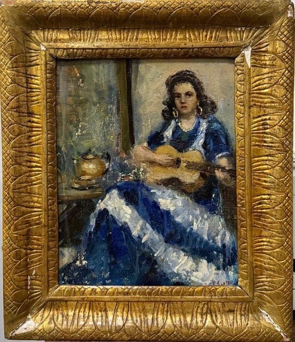 Scuola italiana (XIX-XX) - Donna con chitarra, Antiek en Kunst, Kunst | Schilderijen | Klassiek
