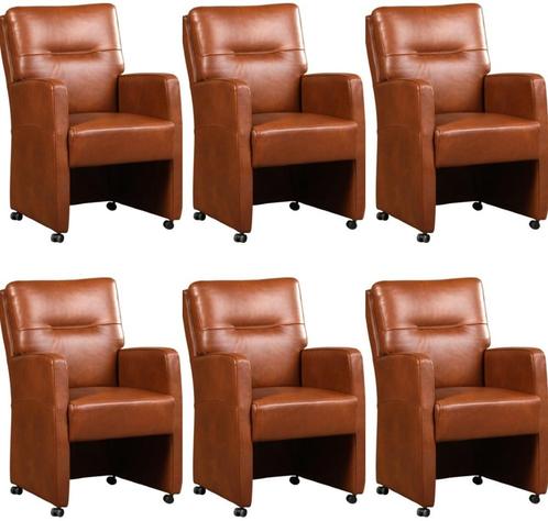 Set van 6 Cognac leren landelijke eetkamerfauteuils -, Huis en Inrichting, Stoelen, Overige kleuren, Vijf, Zes of meer stoelen