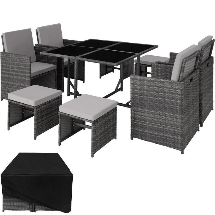 tectake Wicker zitgroep Bilbao 4+4+1 met beschermhoes - grij, Jardin & Terrasse, Ensembles de jardin, Envoi