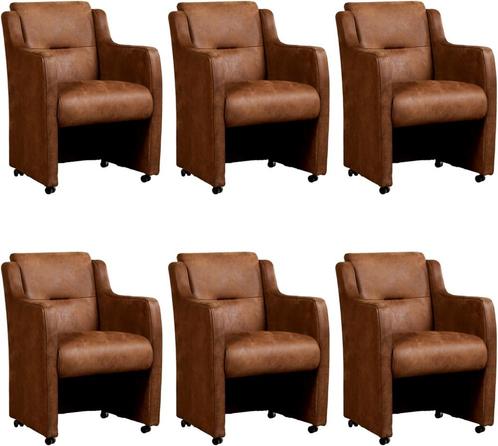 Set van 6 Leren eetkamerfauteuils - Echt leer, Landelijk,, Huis en Inrichting, Stoelen, Overige kleuren, Vijf, Zes of meer stoelen