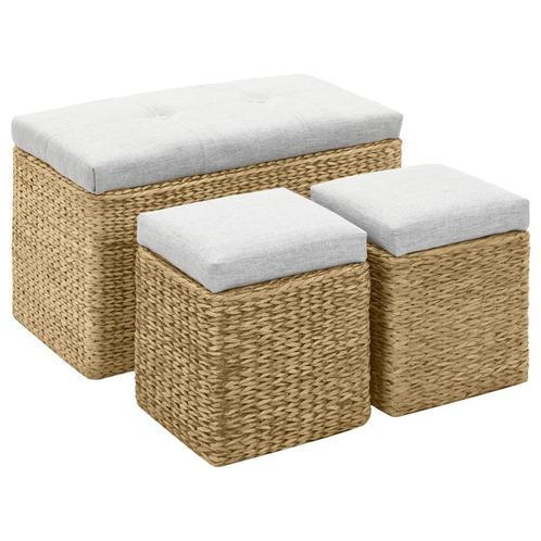 vidaXL Bankje met 2 poefs zeegras grijs, Huis en Inrichting, Overige Huis en Inrichting, Nieuw, Verzenden