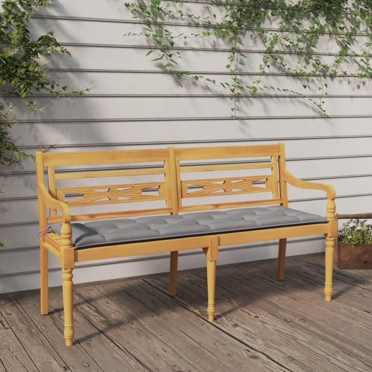 vidaXL Bankje Batavia met grijs kussen 150 cm massief, Tuin en Terras, Tuinsets en Loungesets, Nieuw, Verzenden