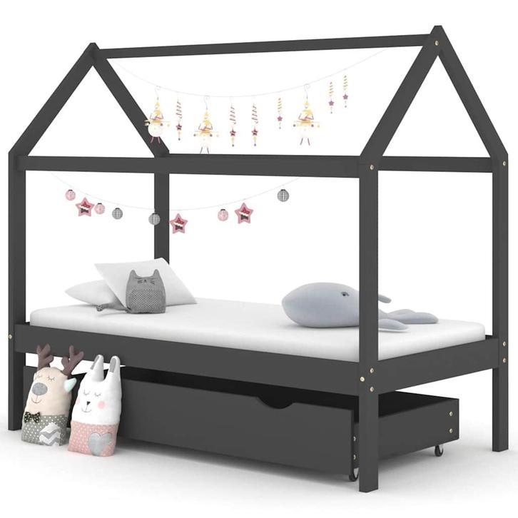 vidaXL Kinderbedframe met lade grenenhout donkergrijs 80x160, Kinderen en Baby's, Kinderkamer | Bedden, Nieuw, Verzenden