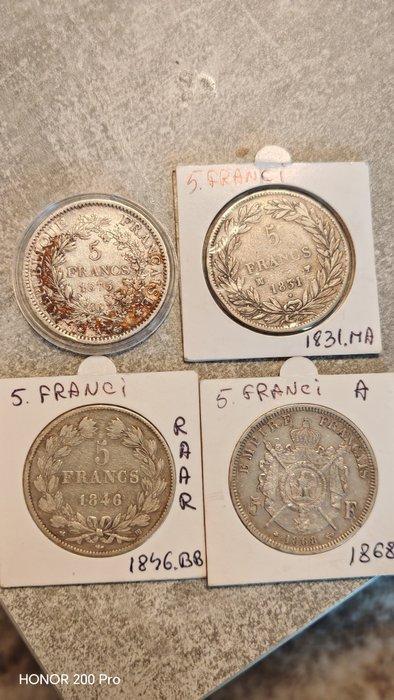 France. 5 Francs 1831/1875 (lot of 4 silver coins) (Sans, Postzegels en Munten, Munten | Europa | Niet-Euromunten