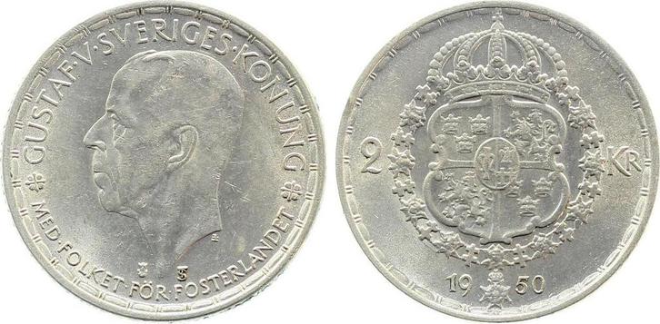 2 Kronen 1950 Gustav Schweden ca Ms63 Km#815 Gustav zilver, Postzegels en Munten, Munten | Europa | Niet-Euromunten, België, Verzenden