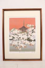 Sakura et Pagode en Vermillon – Lithographie japonaise